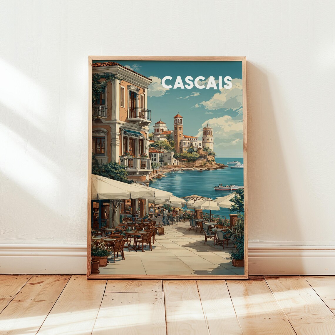 Cascais Portugal Coastal Town Cafes Seaside Vintage Travel Poster Art