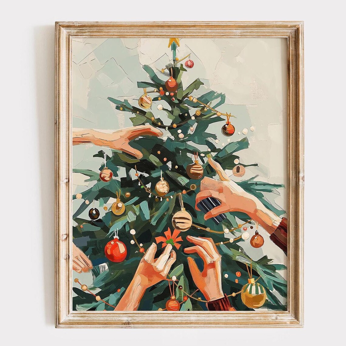 Hands Decorating a Christmas Tree with Ornaments Holiday Art Poster
