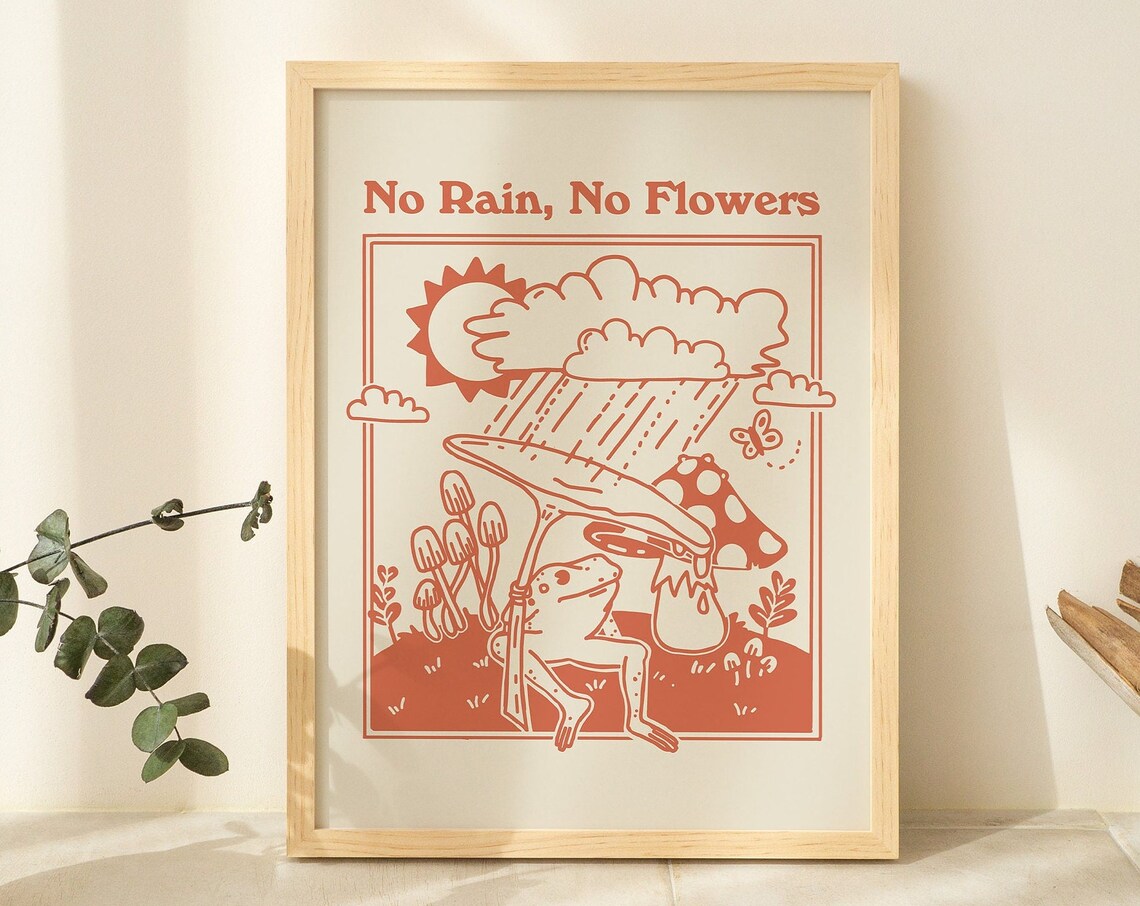 No Rain No Flowers Frog Mushroom Rain Burnt Orange Retro Poster