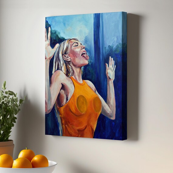 Joyful Woman Singing In Bright Orange Top Pop Art Canvas Poster
