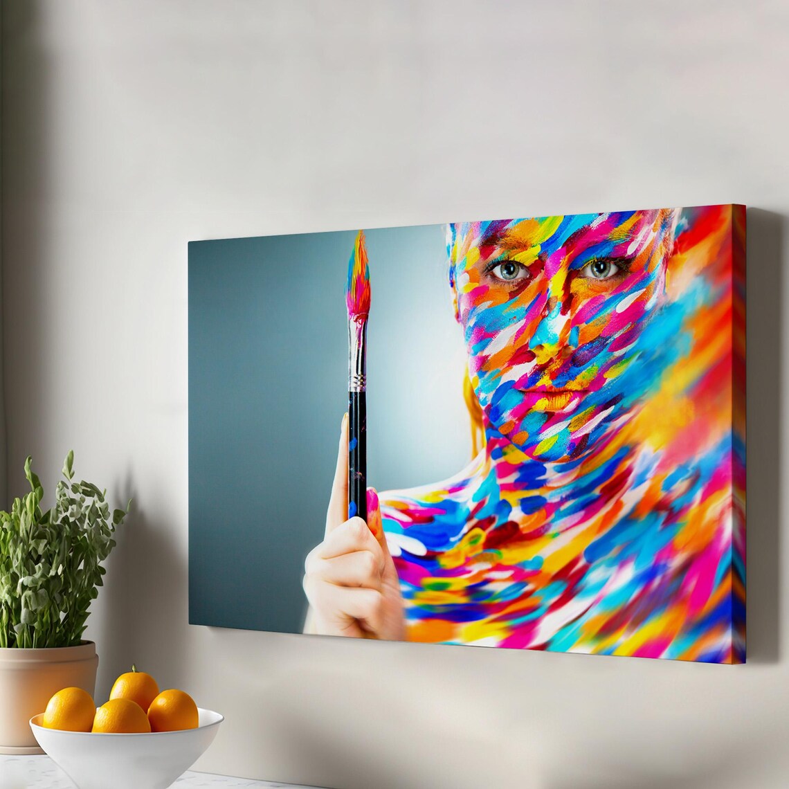 Colorful Paint Covered Woman Holding Brush Abstract Canvas Wall Art