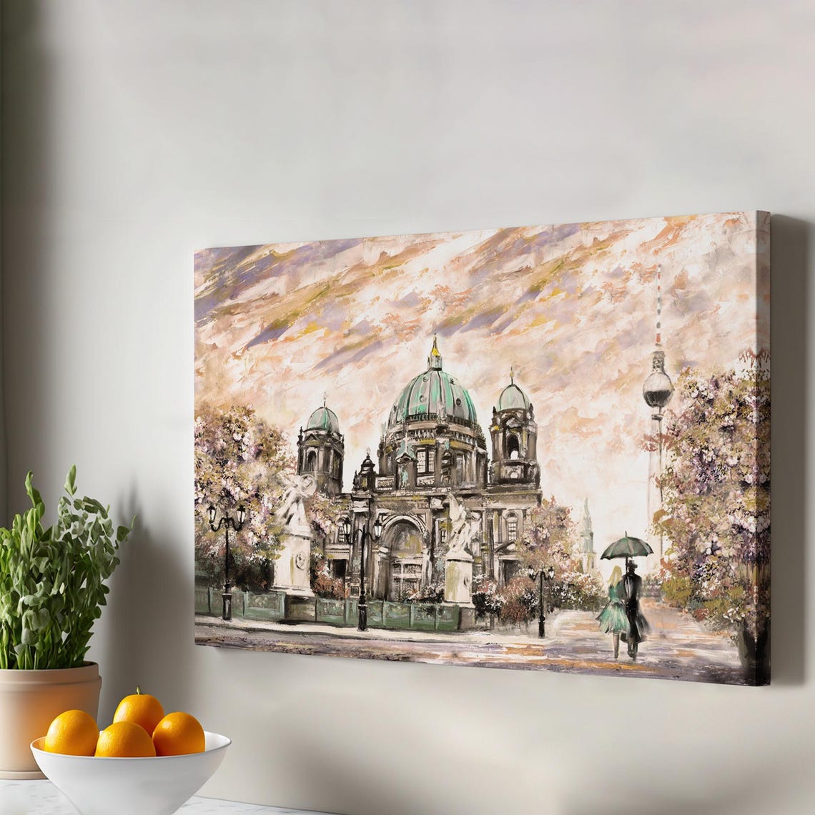 Berlin Cathedral TV Tower Rainy Street Umbrella Painting Style Poster