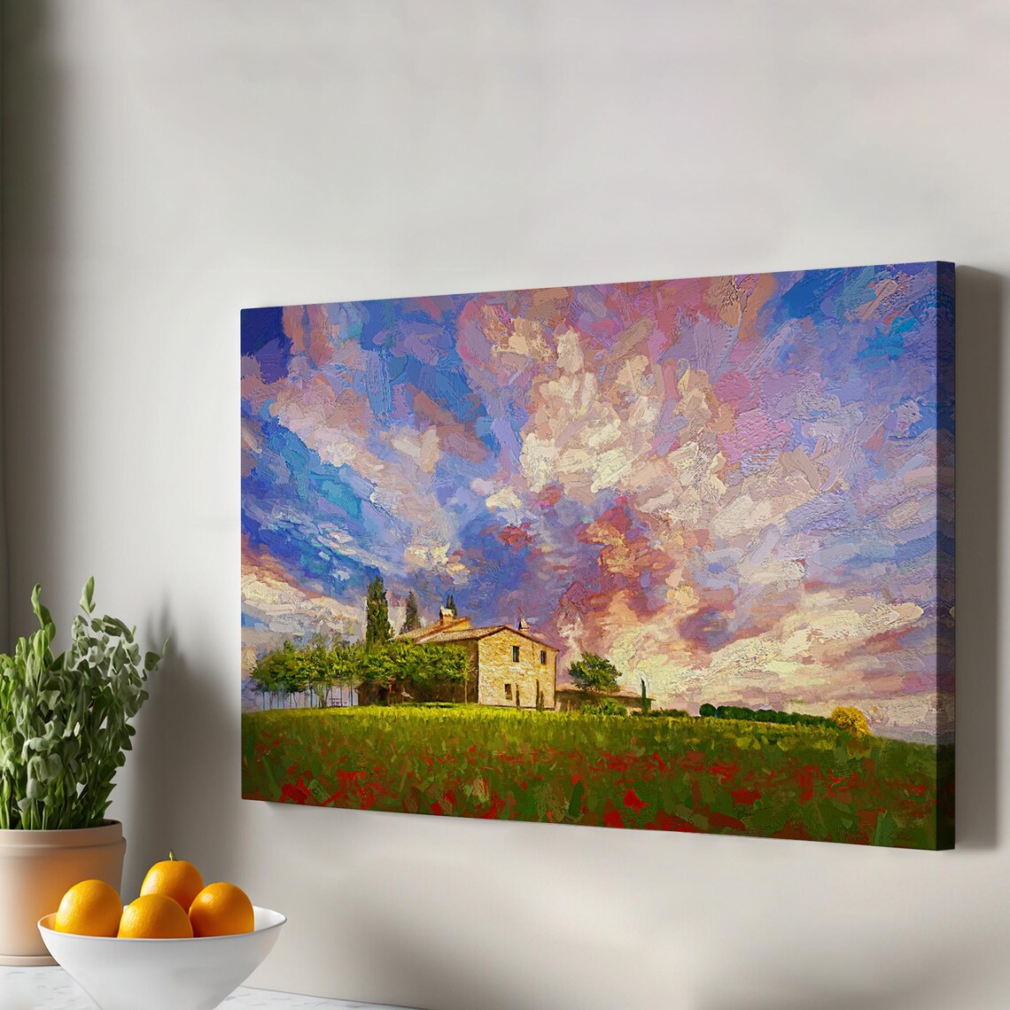 Red Poppy Field Farmhouse Oil Painting Sunset Sky Rustic Countryside Poster