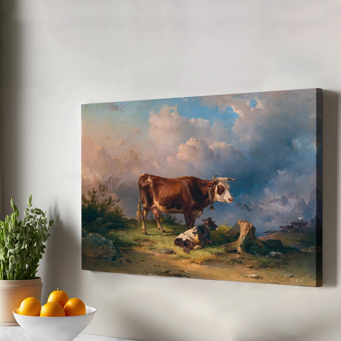 Cow and Calf Alpine Pasture Classic Antique Oil Painting Art Poster