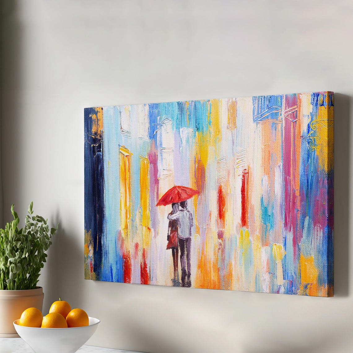 Lovers With Red Umbrella Colorful Abstract City Street Canvas Print