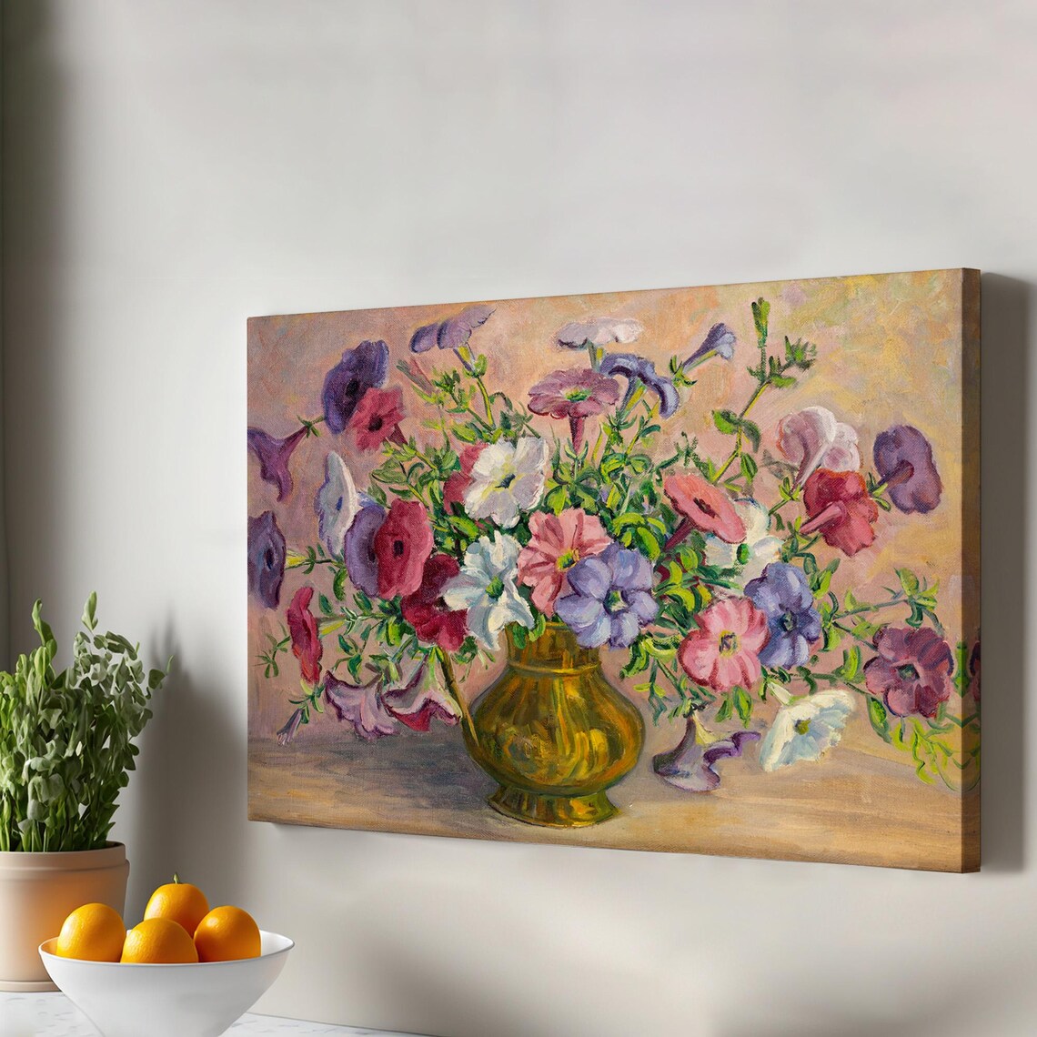 Petunias in Brass Vase Vintage Floral Still Life Oil Painting Wall Art