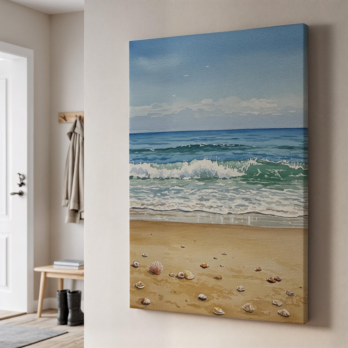 Calm Beach Shoreline Watercolor Seashell Sand Ocean Wave Canvas Wall Art