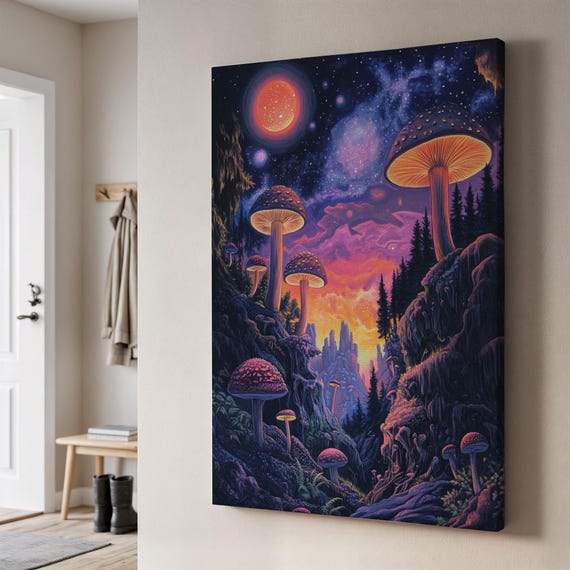Psychedelic Mushroom Forest Canvas Wall Art Fantasy Night Sky And Giant Fungi Landscape Trippy Nature Scene Framed Decor For Dreamy Rooms