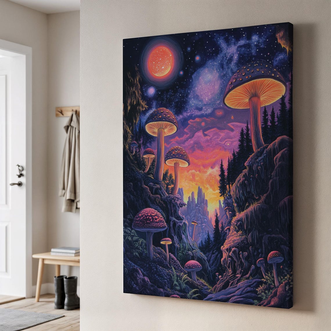 Psychedelic Mushroom Forest Night Sky Galaxy Moon Cosmic Wall Poster