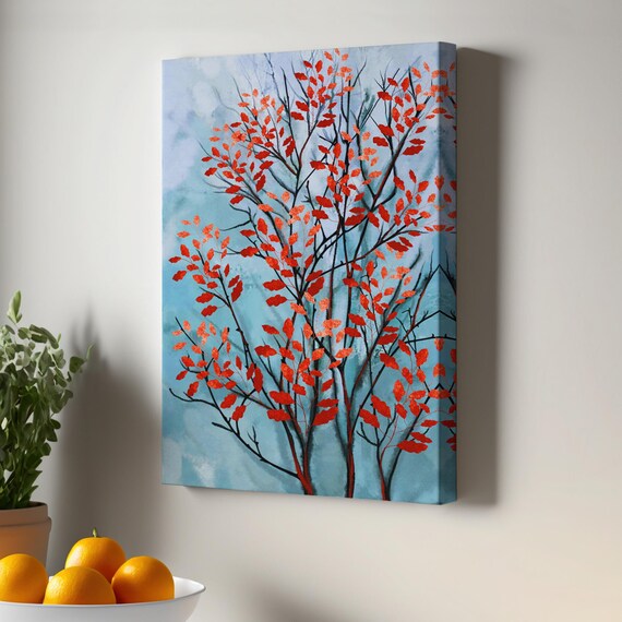 Crimson Red Leaves Blue Background Fall Tree Botanical Art Poster