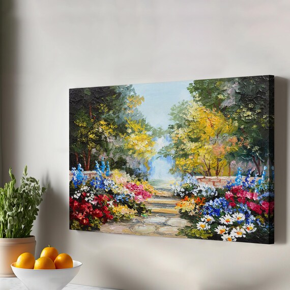 Summer Garden Blooming Flowers Stone Path Colorful Oil Painting Poster