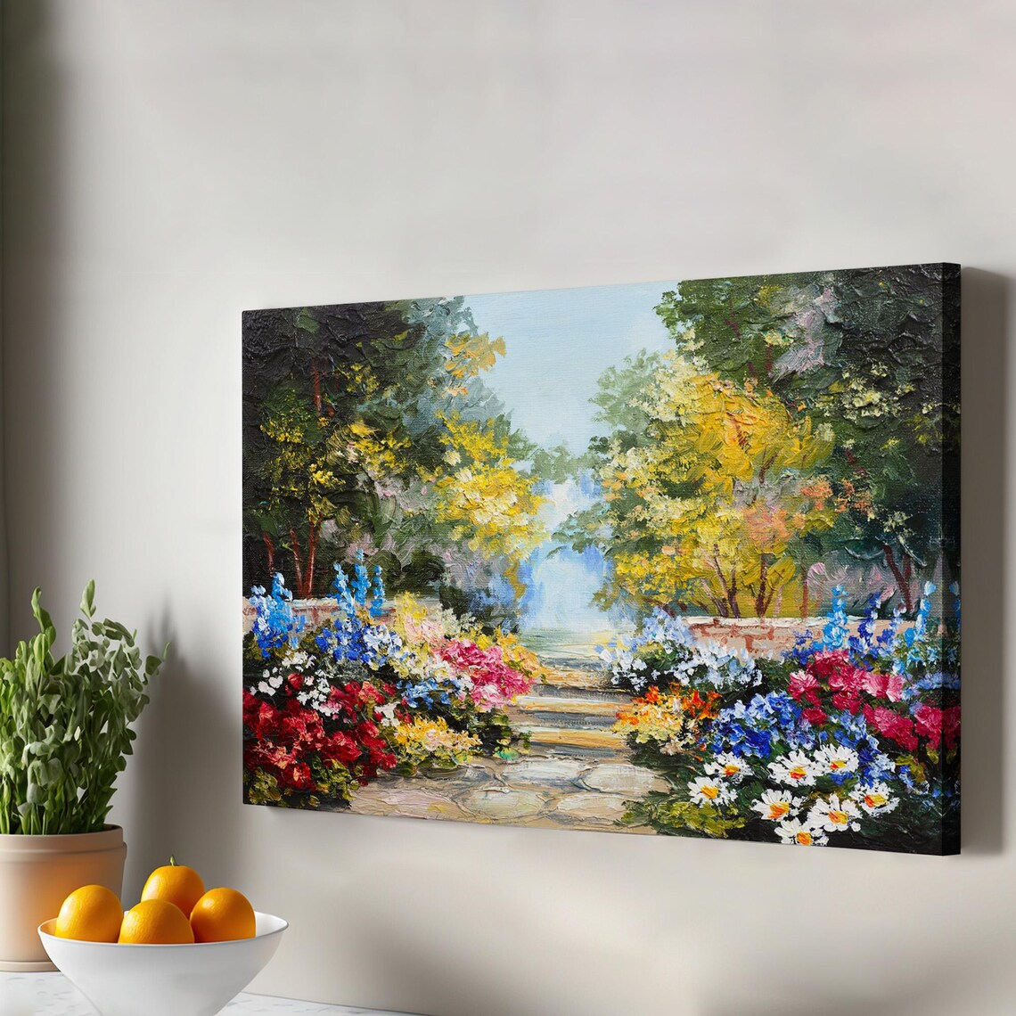 Summer Garden Blooming Flowers Stone Path Colorful Oil Painting Poster
