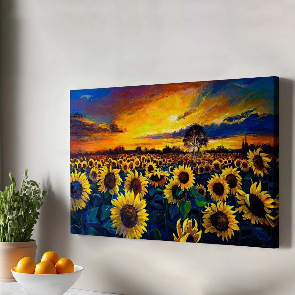Sunflower Field Sunset Oil Painting Dramatic Orange Sky Floral Wall Art