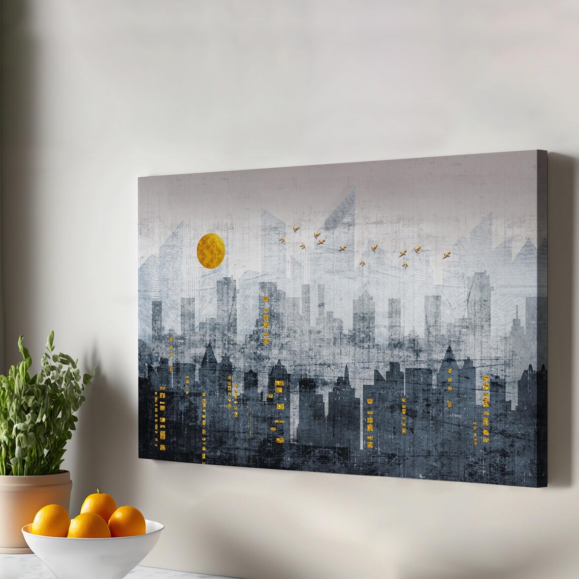 Modern Gray City Skyline Golden Sun Birds Abstract Art Poster