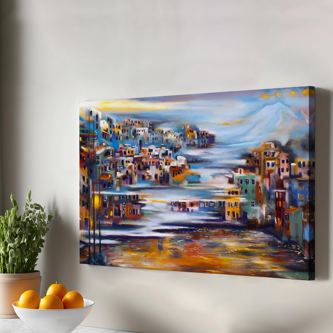 Colorful Coastal Village at Foot of Volcano Abstract Canvas Poster