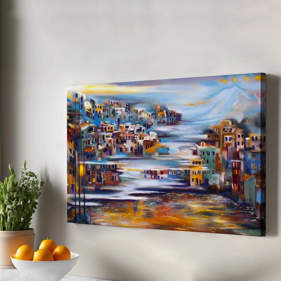 Village At The Foot Of Volcano Canvas Wall Art Housewarming Gift Framed Office Decor For Home