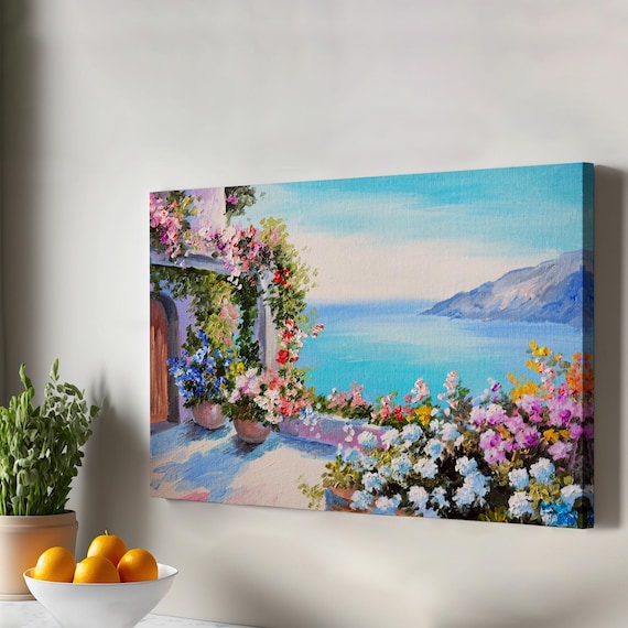Mediterranean Coastal House Sea View Flowers Balcony Ocean Art Print