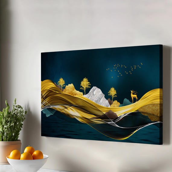 Golden Mountains Decorative Wall Art Abstract Modern Decor Framed Canvas Large