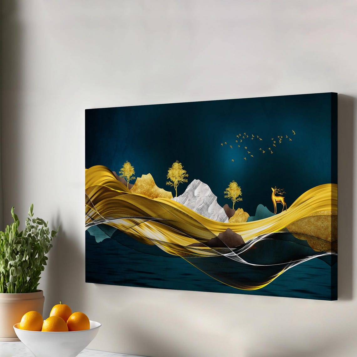 Golden Mountains Decorative Wall Art Abstract Modern Decor Framed Canvas Large