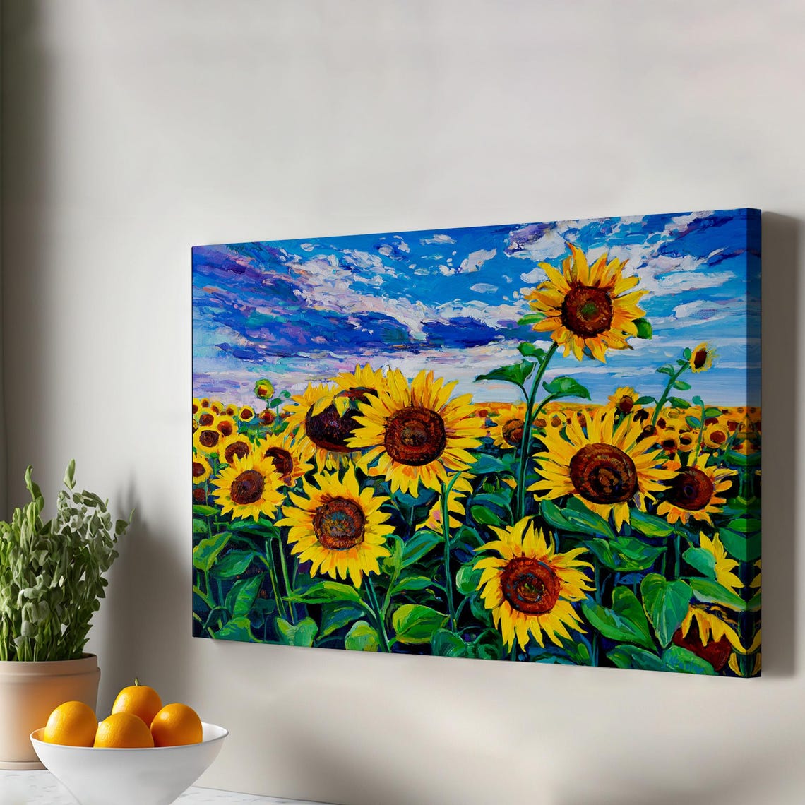 Sunflower Field Oil Painting Bright Blue Sky Summer Flower Wall Art