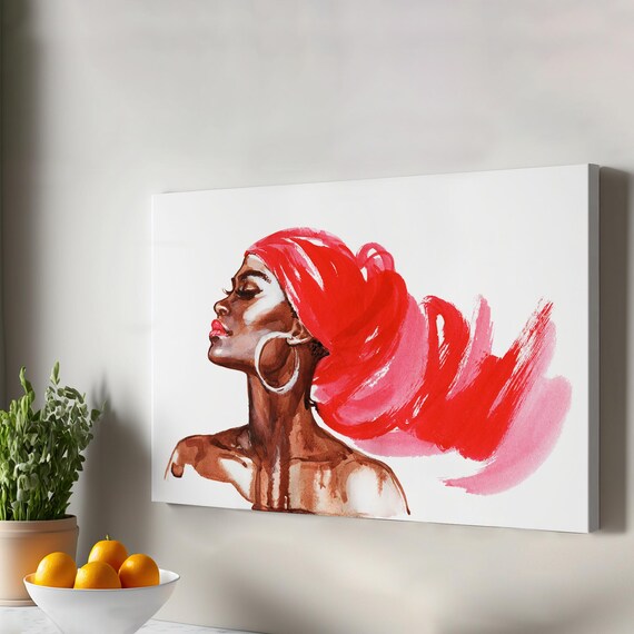 Elegant Woman Profile Portrait Flowing Red Hair Watercolor Wall Art