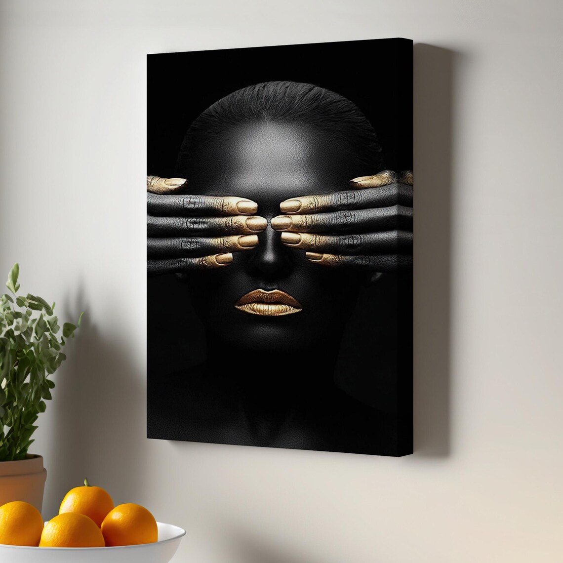 Black And Gold Woman Portrait Hands Covering Eyes Beauty Print