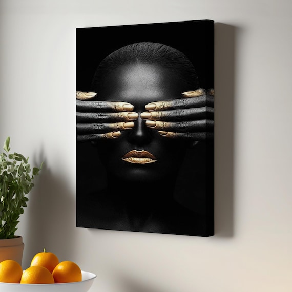 Black And Gold Woman Portrait Hands Covering Eyes Beauty Print