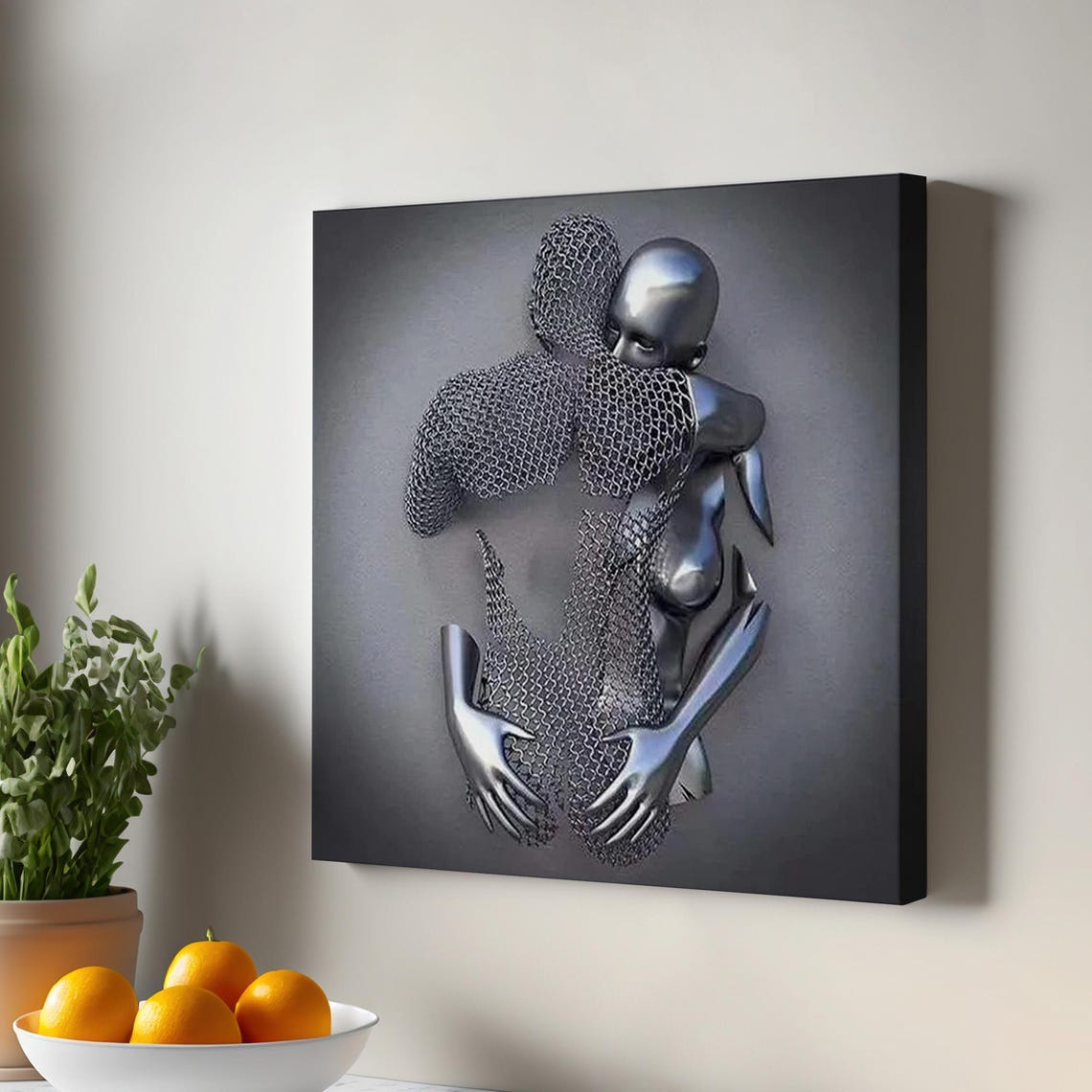 Metallic Silver Self Embrace Chainmail Body 3D Romantic Canvas Print