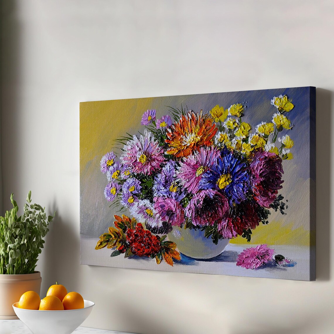 Colorful Aster Dahlia Bouquet Still Life Impasto Oil Painting Print