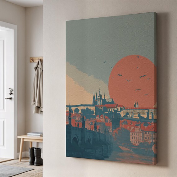 Prague Cityscape Canvas Art Vintage Sunset Wall Framed City View With Tower Silhouettes Urban Landscape For Modern Home Decor