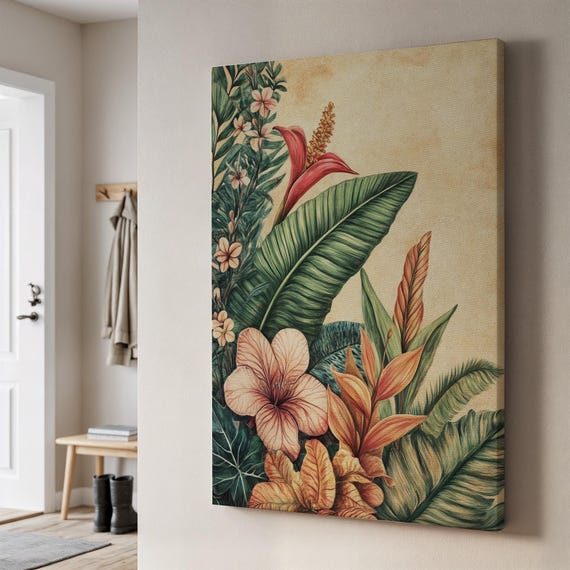 Tropical Botanical Canvas Art Vintage Exotic Flower Illustration Print Jungle Wall Decor For Boho Interiors Framed Nature Gift Her
