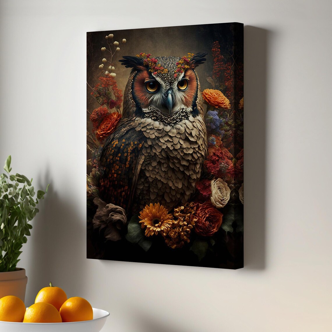 Great Horned Owl Portrait With Autumn Flowers Painting Poster