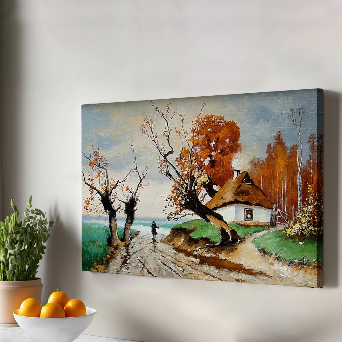 Autumn Village Landscape Cottage Fall Foliage Oil Style Poster
