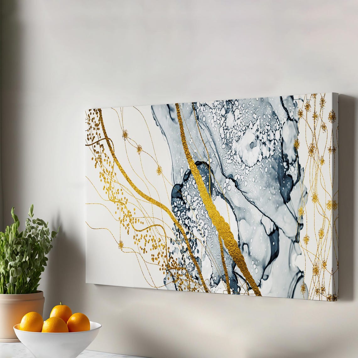 Blue Gold White Elegant Abstract Marble Modern Canvas Wall Art