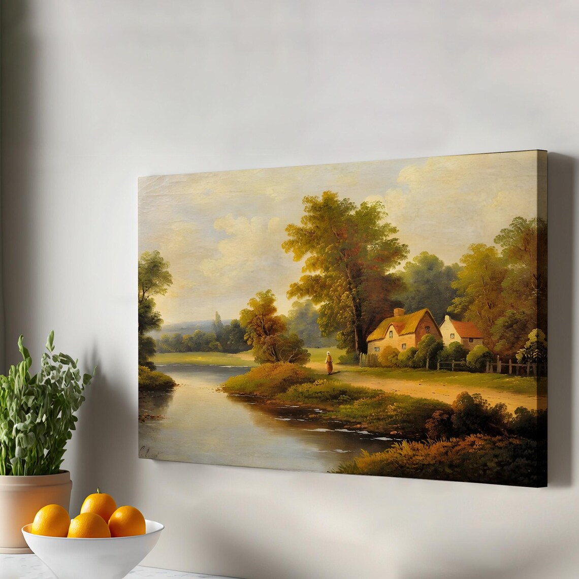 Vintage Village House by River Oil Painting Countryside Landscape Print