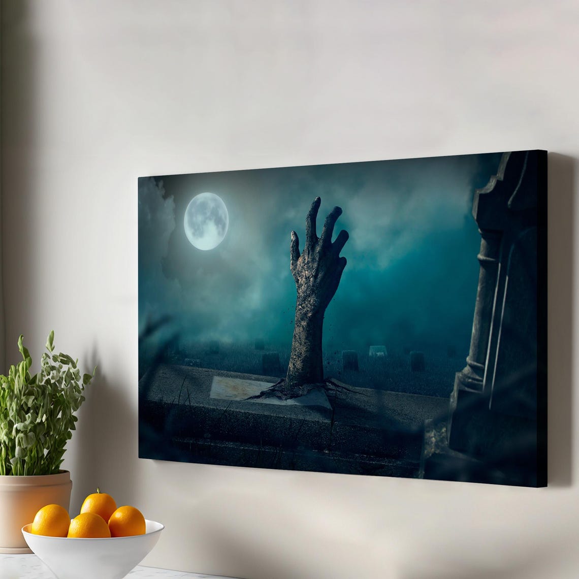 Zombie Hand Rising From Grave Moonlit Cemetery Halloween Canvas Print