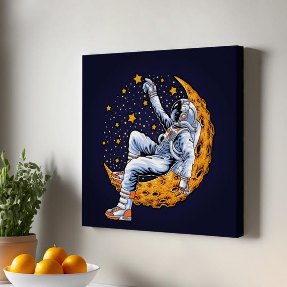 Astronaut Resting On The Moon Canvas Painting Large Wall Art Framed Illustration Housewarming Gifts