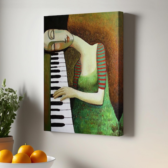 Woman Playing Piano Folk Art Dreamy Music Lover Modern Poster