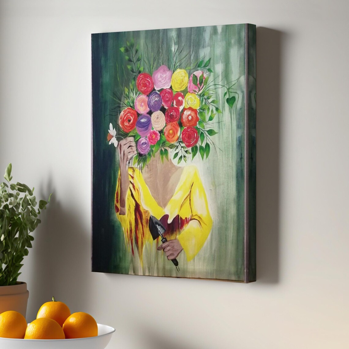 Woman With Flower Bouquet Head Yellow Dress Whimsical Poster