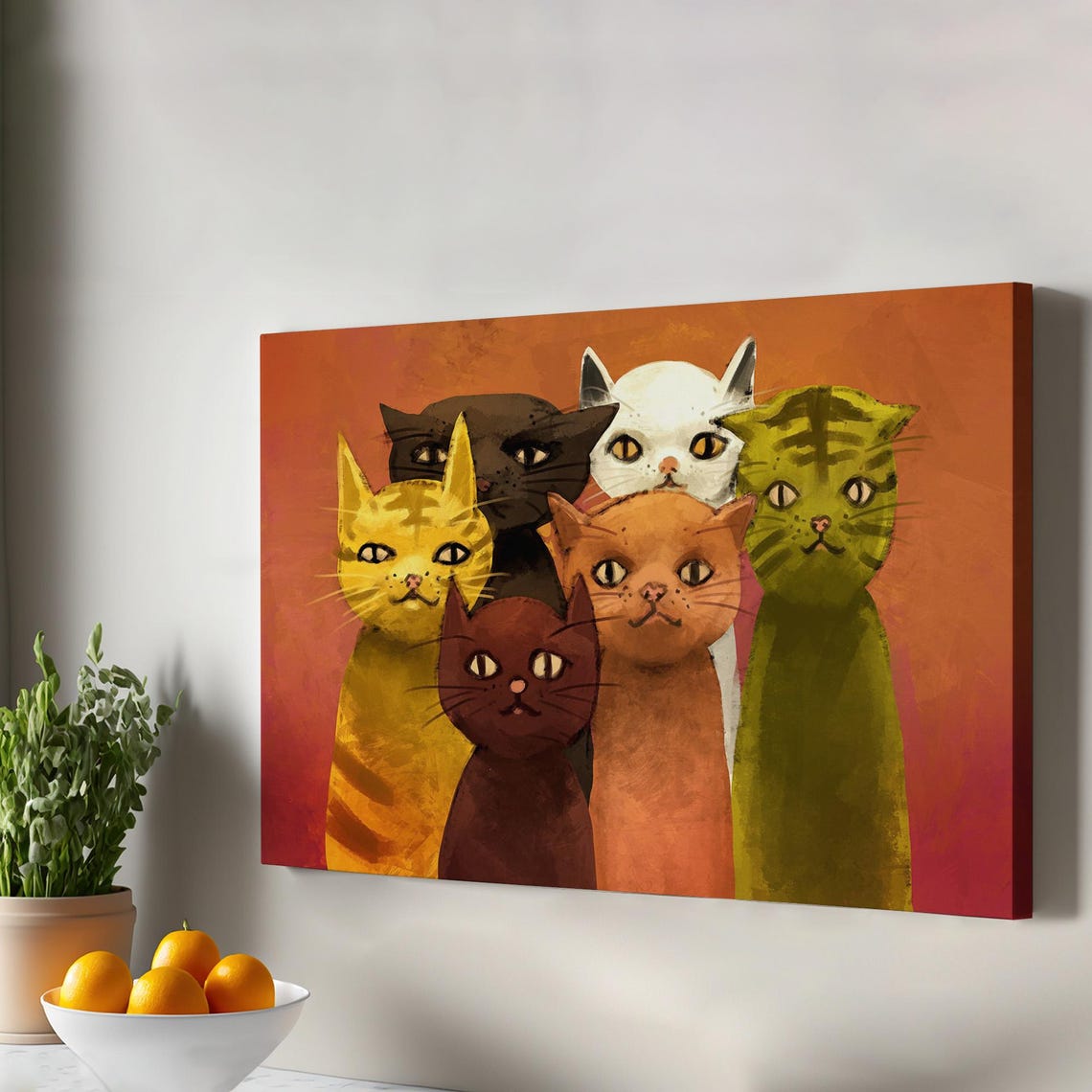 Whimsical Six Cats Group Playful Colorful Feline Pet Art Poster