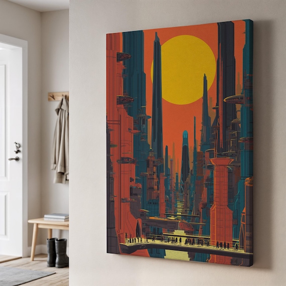 Futuristic Cityscape Canvas Neon Red Sunset And Towering Skyscrapers Retro Scifi Urban Print Framed Or Unframed Decor For Modern Spaces