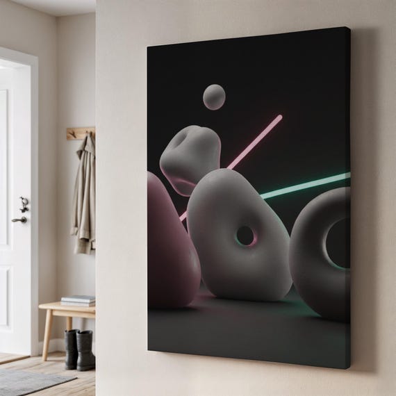 Futuristic Abstract Canvas Art Neon Soft Shape Print Modern Dark Wall Decor Minimal Geometric Framed Unique Gift For Trendy Homes