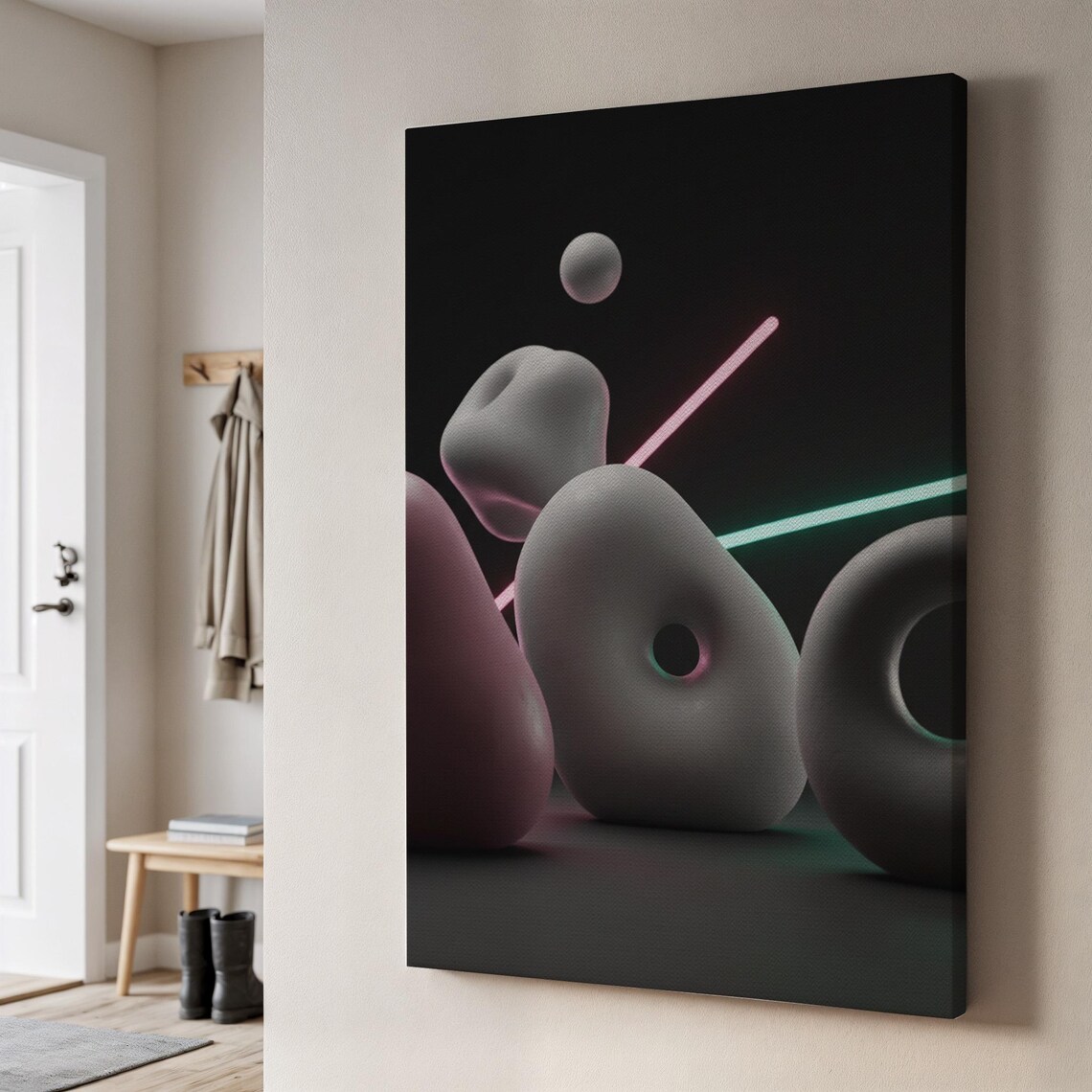 Futuristic Abstract Neon 3D Shapes Soft Sculpture On Black Modern Wall Art