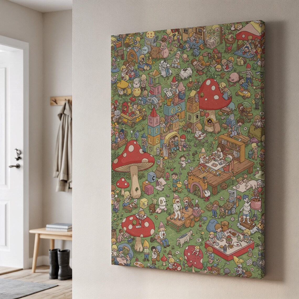 Whimsical Mushroom Village Gnome Forest Busy Detailed Fantasy Scene Wall Art