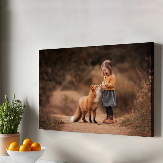 Little Girl And Fox Decorative Canvas Painting Framed Wall Art Decor Gift For Nature Enthusiasts Animal