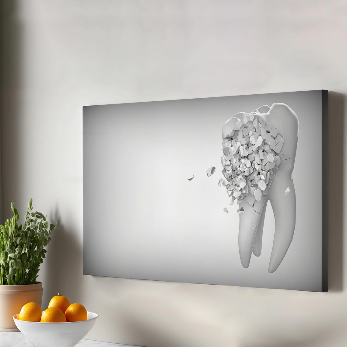 Dental Clinic Shattering Tooth Minimal Modern 3D Style Wall Art