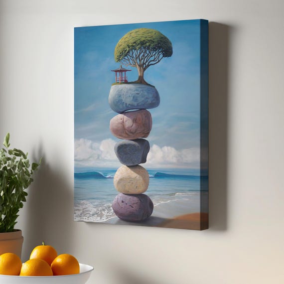 Colorful Balance Stones On Beach Canvas Print Therapy Meditation Yoga Minimal Wall Art Large Housewarming Gifts