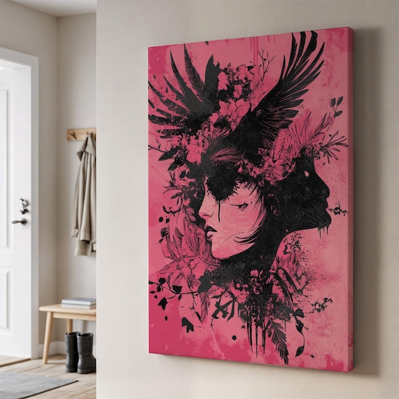 Surreal Woman Portrait Canvas Art Gothic Black Ink Face With Wings And Flowers Dark Fantasy Print Framed Gift For Bold Lovers