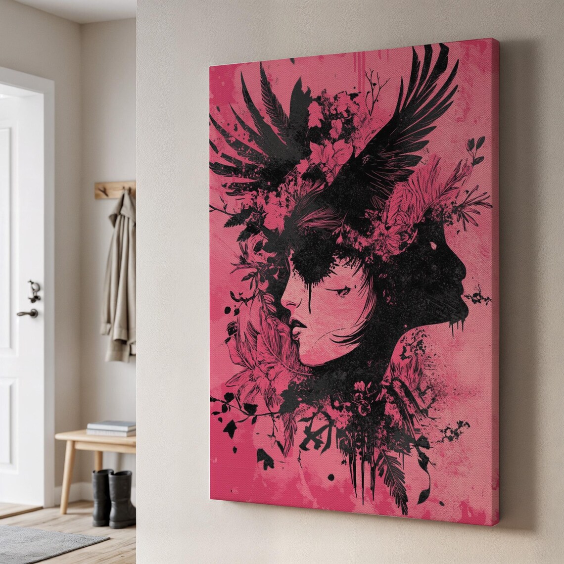Gothic Surreal Woman Portrait Pink Black Ink Feather Art Poster