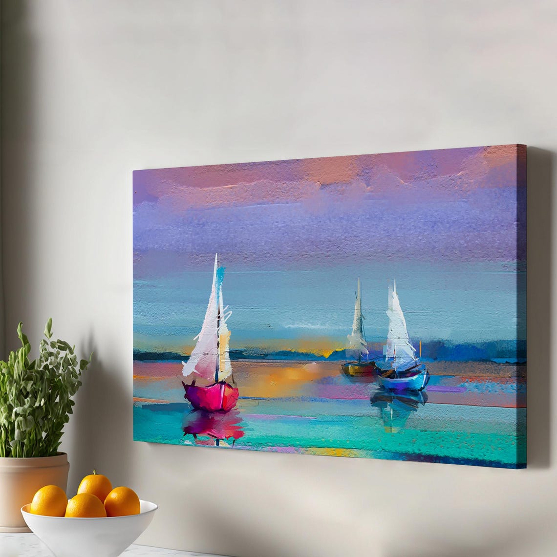 Colorful Turquoise Sailboats on the Sea Sunset Canvas Wall Art